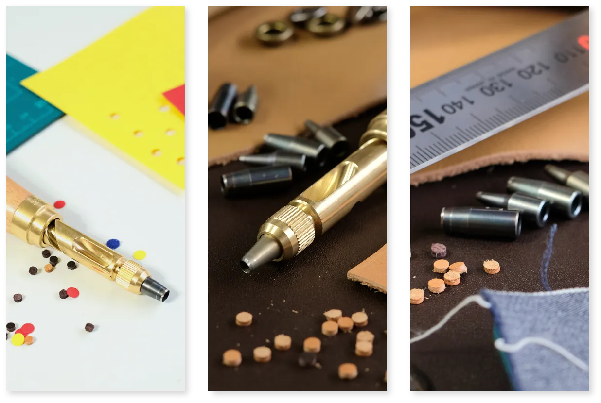 Nonaka Screw Punch shown with paper, leather and fabric